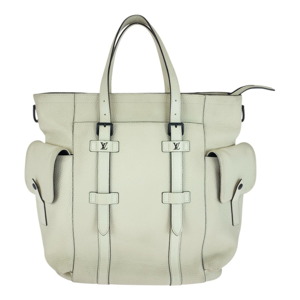 LOV Louis Vuitton Taurillon Christopher Tote in White, Cream, and Black Leather with Hardware, M58477, Men's Bag, Handbag
