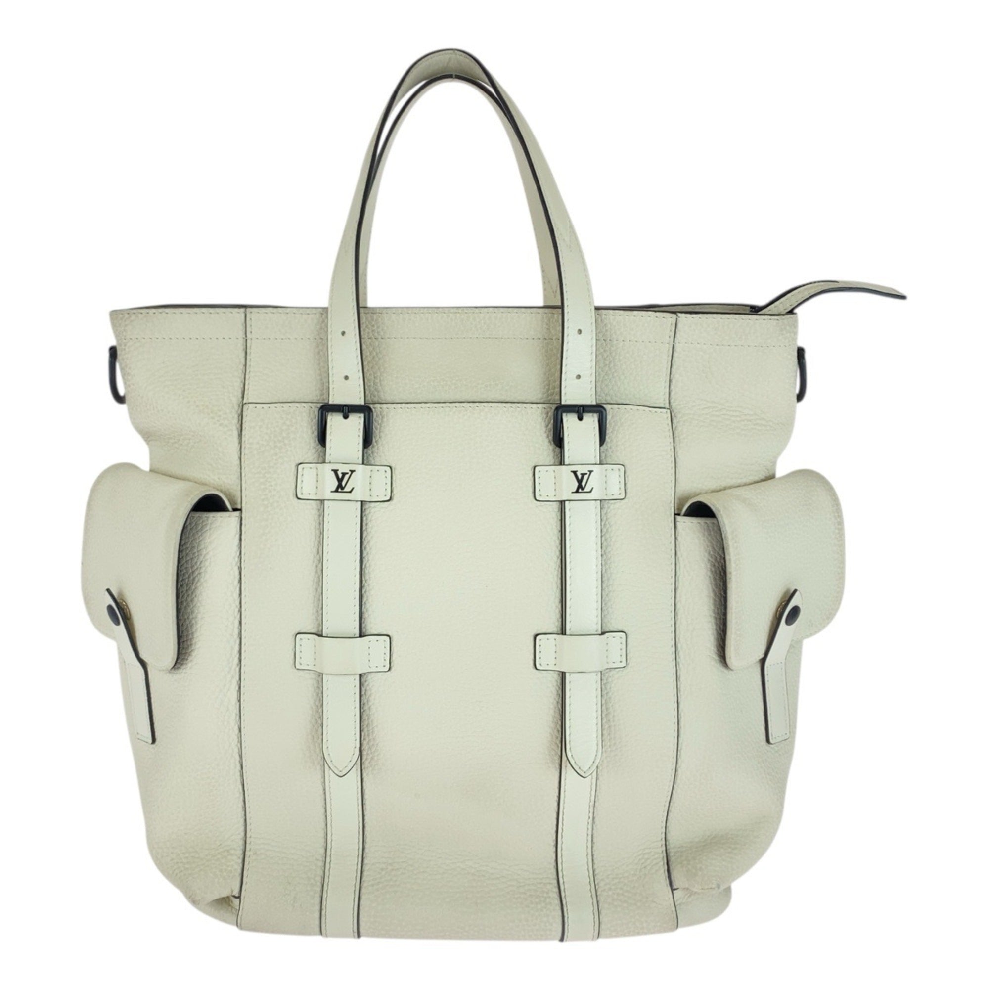 LOV Louis Vuitton Taurillon Christopher Tote in White, Cream, and Black Leather with Hardware, M58477, Men's Bag, Handbag