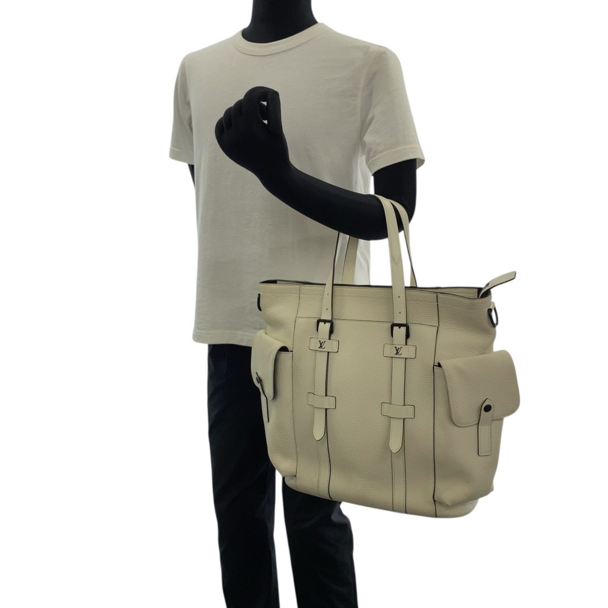 LOV Louis Vuitton Taurillon Christopher Tote in White, Cream, and Black Leather with Hardware, M58477, Men's Bag, Handbag