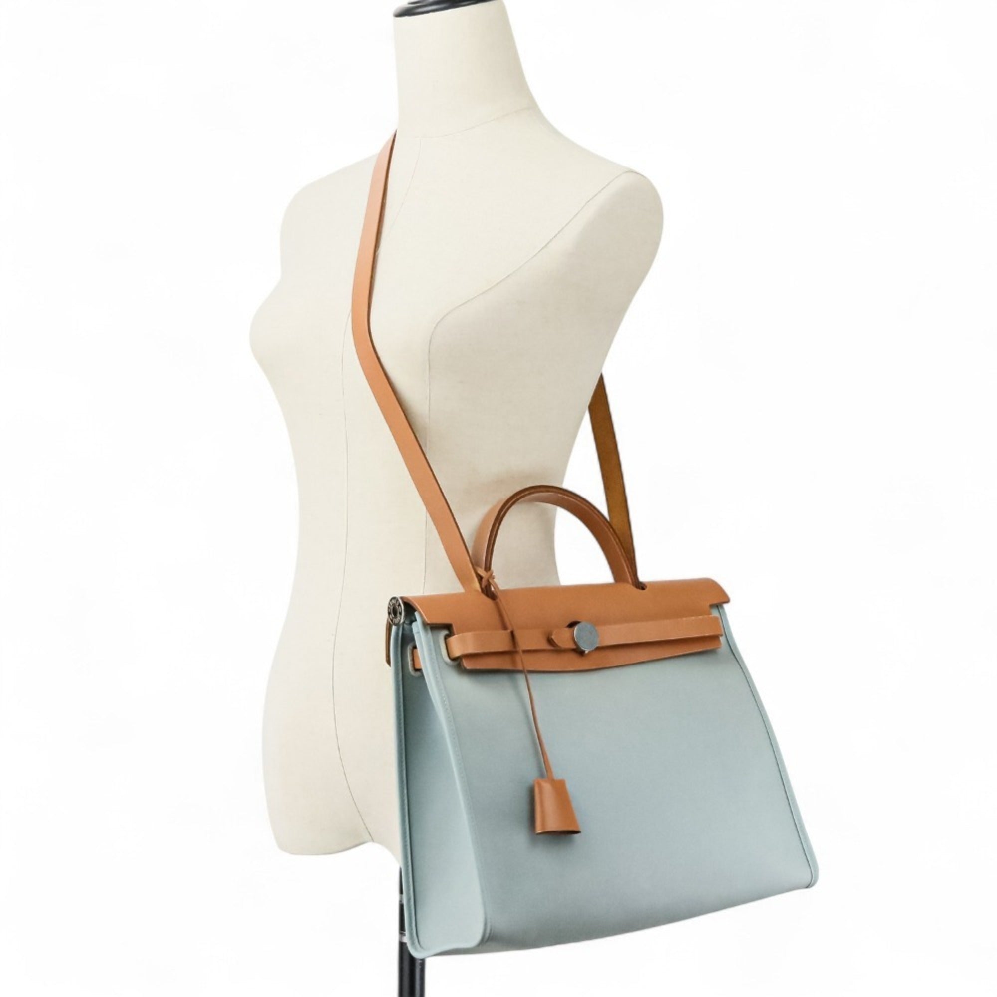 HMS Hermes Airbag Zip PM 2-way Handbag/Shoulder Bag, T Stamp, Blue/Brown, Women's