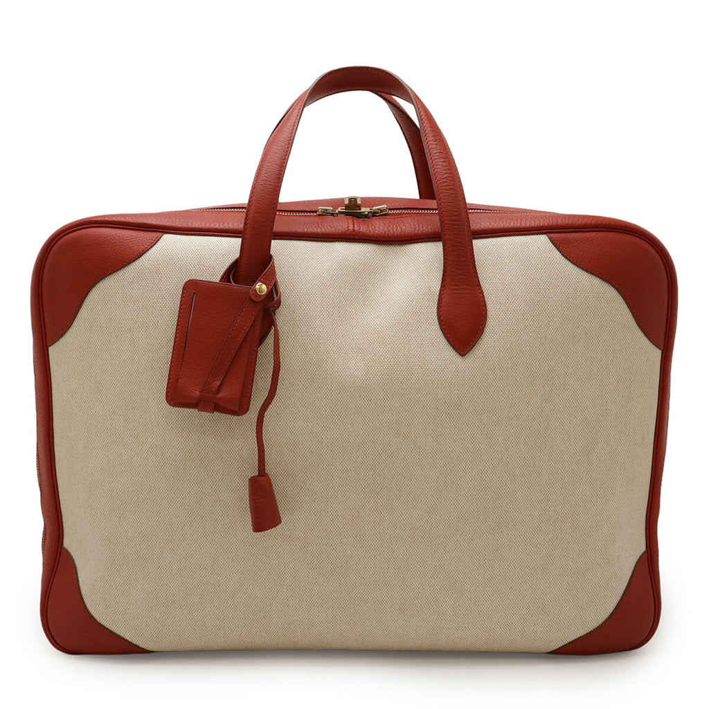 HMS Victoria 50 Boston/Travel Bag in Canvas and Coated Leather, Beige Red