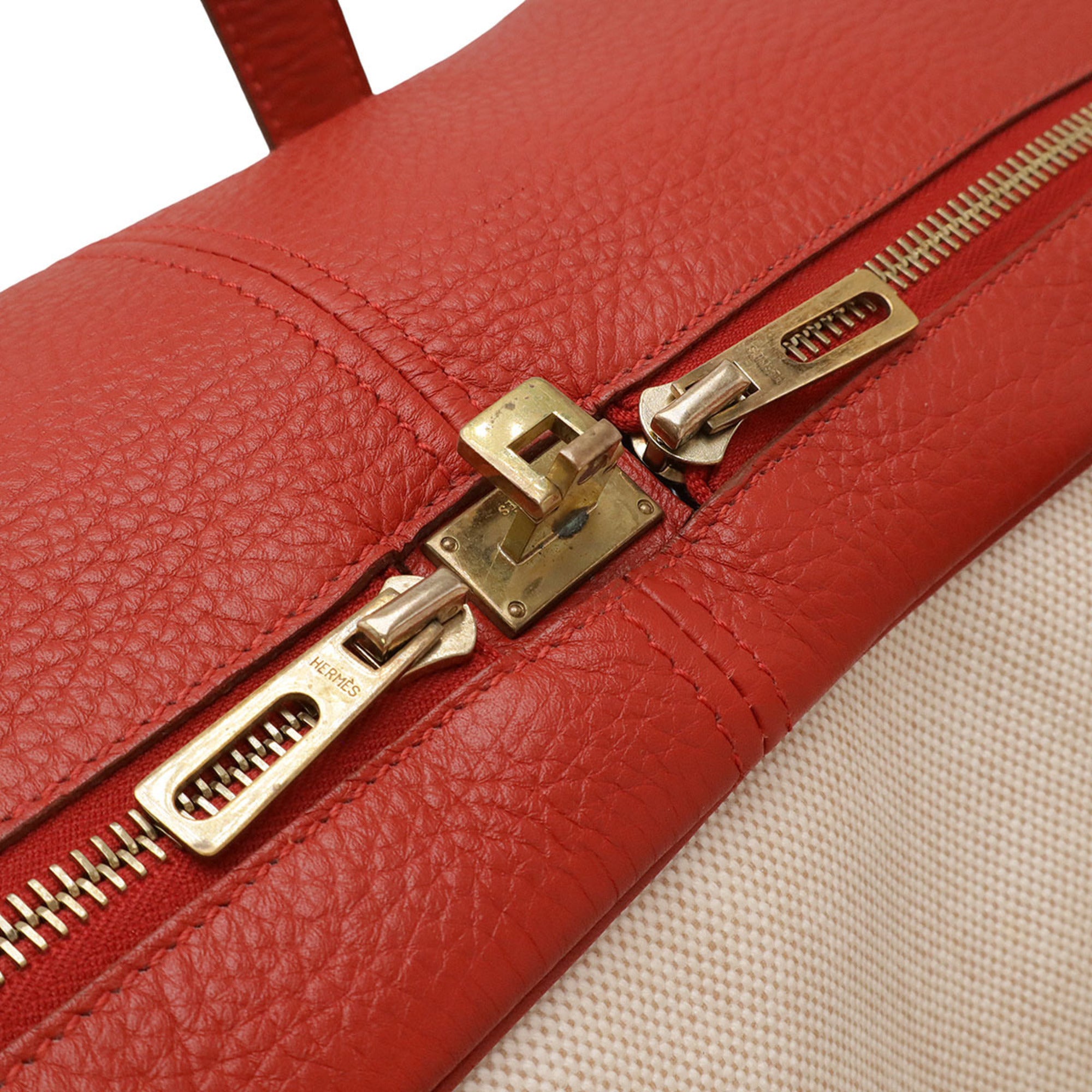 HMS Victoria 50 Boston/Travel Bag in Canvas and Coated Leather, Beige Red