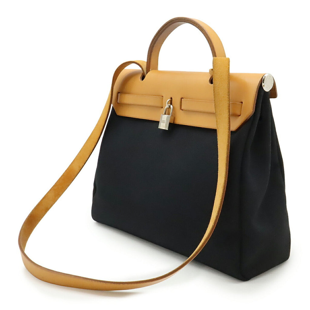 HMS Hermès Air Bag PM Handbag/Shoulder Bag, Toile Officier GM, Black/Beige Leather, G Stamp