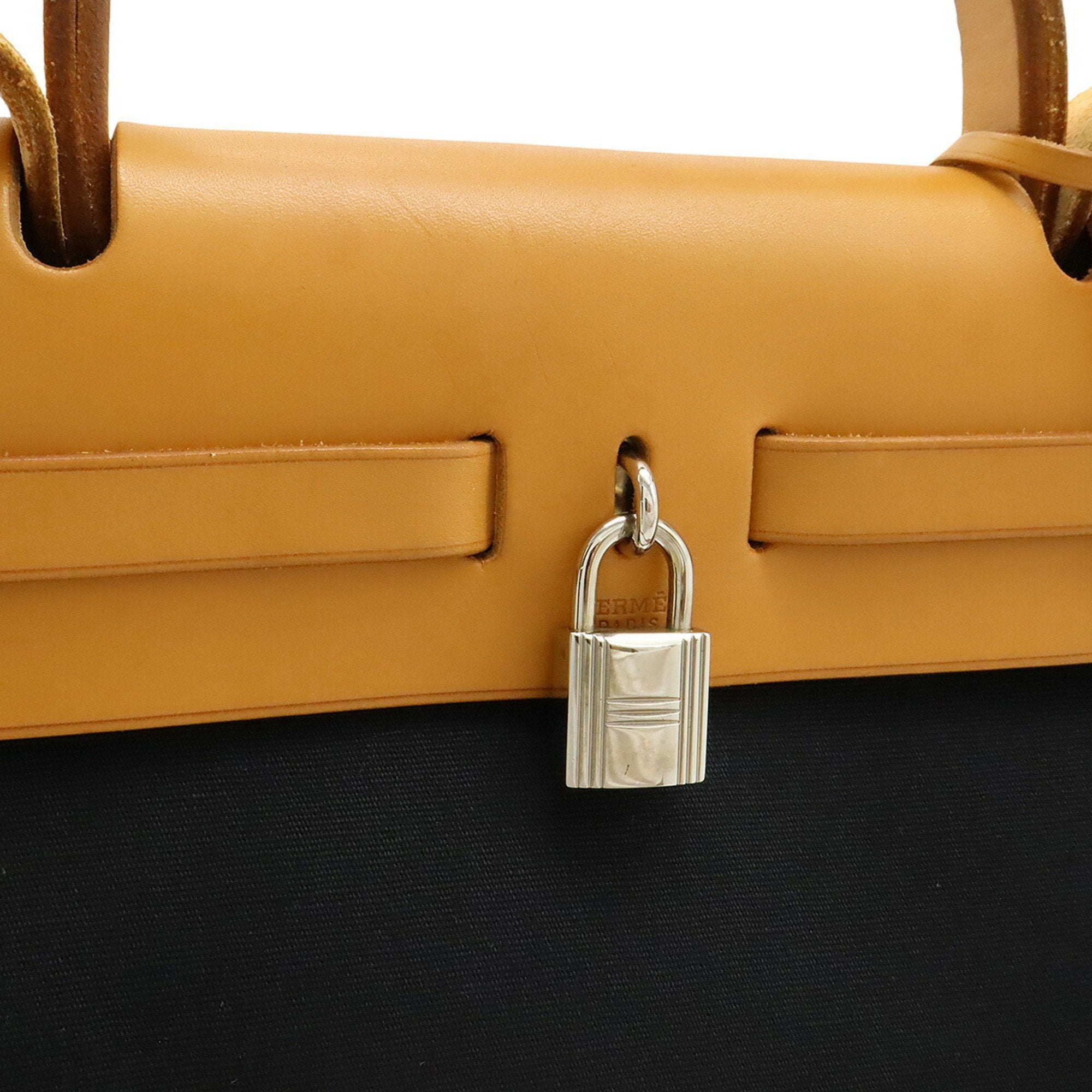 HMS Hermès Air Bag PM Handbag/Shoulder Bag, Toile Officier GM, Black/Beige Leather, G Stamp