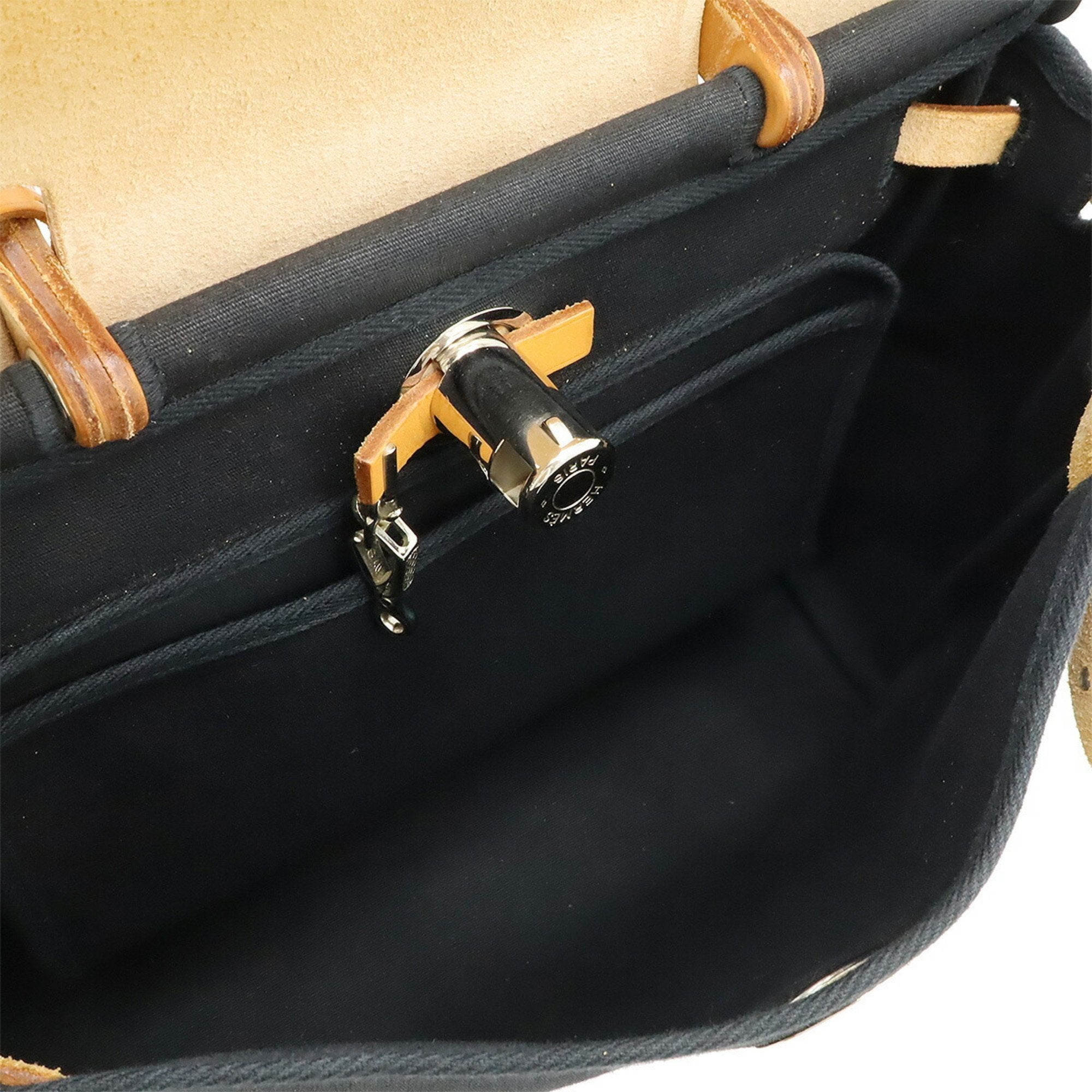 HMS Hermès Air Bag PM Handbag/Shoulder Bag, Toile Officier GM, Black/Beige Leather, G Stamp