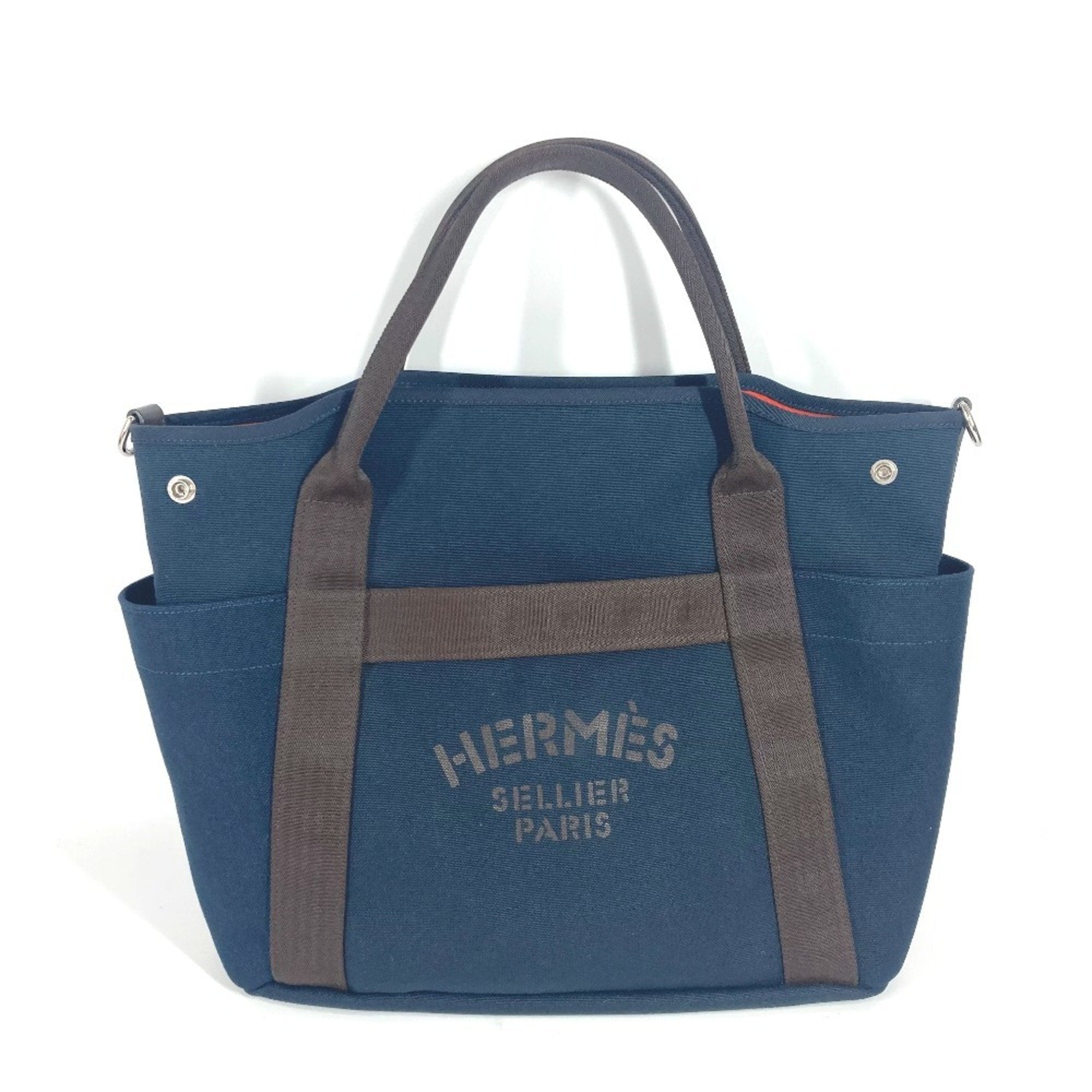 HMSHermes Sac de Pansage Groom 2WAY Shoulder Bag Crossbody Tote Leather Canvas Women's Navy