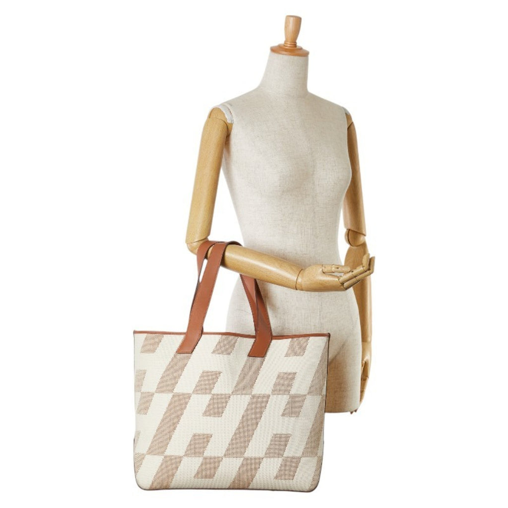 HMS H Ambié GM Tote Bag Beige Brown Toile Leather Women's HERMES