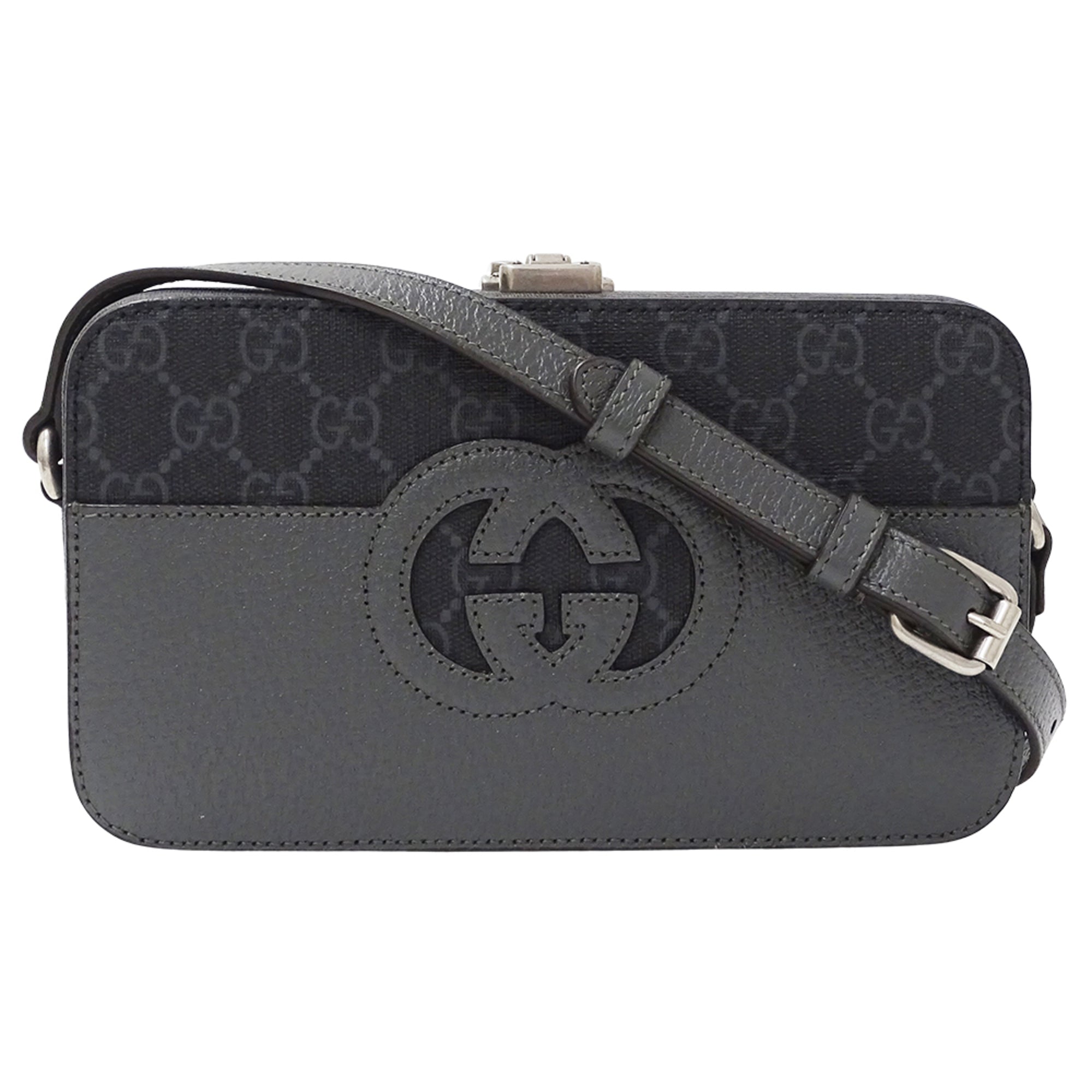 GCCI  Men's Shoulder Bag with Cutout Interlocking G GG Supreme Design in Black and Gray (725341) - Small Mini Bag, Crossbody