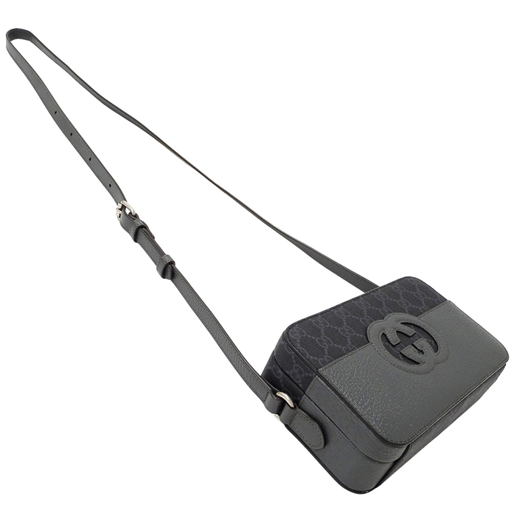 GCCI  Men's Shoulder Bag with Cutout Interlocking G GG Supreme Design in Black and Gray (725341) - Small Mini Bag, Crossbody