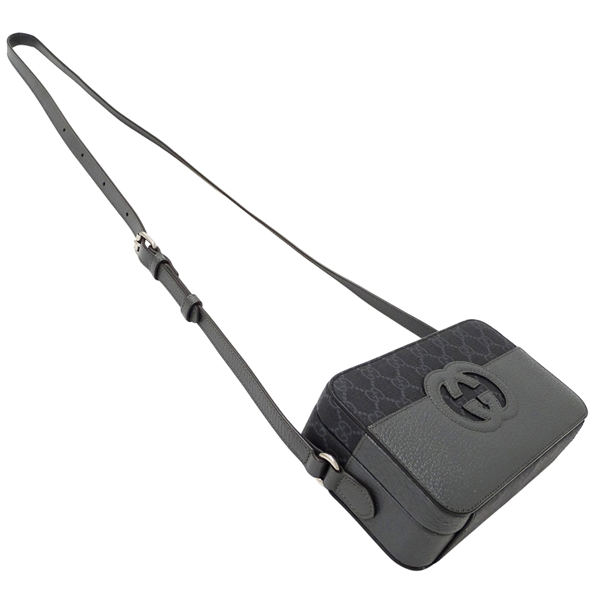 GCCI  Men's Shoulder Bag with Cutout Interlocking G GG Supreme Design in Black and Gray (725341) - Small Mini Bag, Crossbody