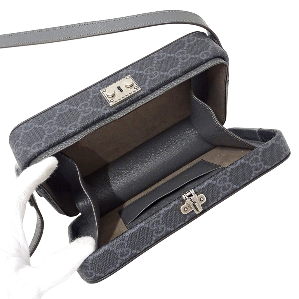 GCCI  Men's Shoulder Bag with Cutout Interlocking G GG Supreme Design in Black and Gray (725341) - Small Mini Bag, Crossbody