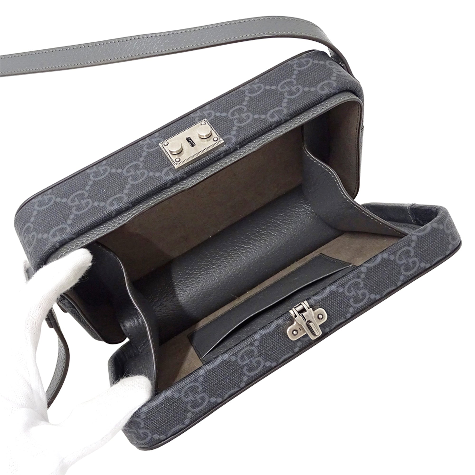 GCCI  Men's Shoulder Bag with Cutout Interlocking G GG Supreme Design in Black and Gray (725341) - Small Mini Bag, Crossbody