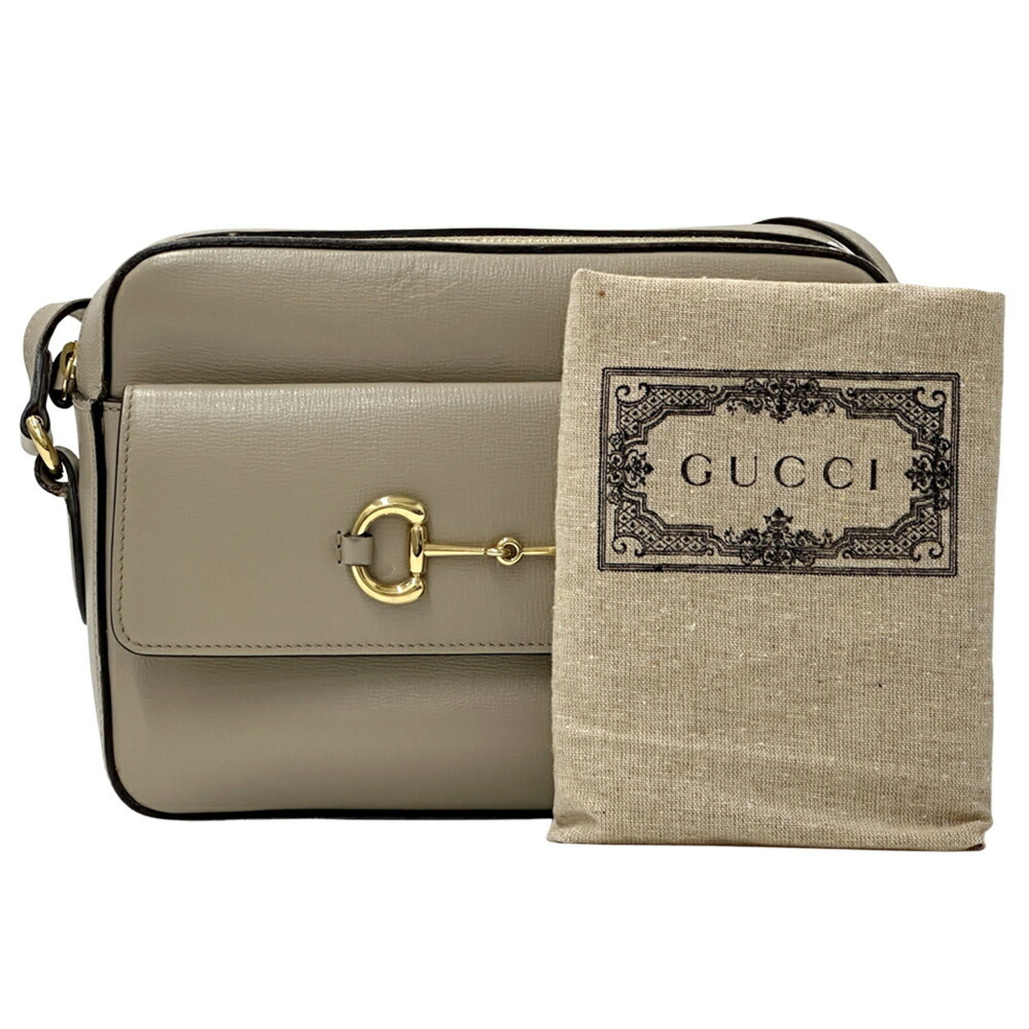 GCCI Horsebit Shoulder Bag in Beige and Gold Leather (645454) for Women, Japan Exclusive