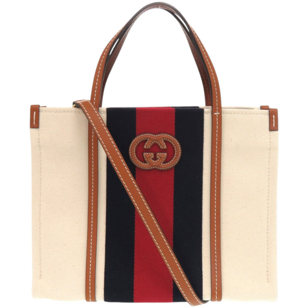 GCCI Like new Gucci 2-way Sherry Line Interlocking G Patch Canvas White Tote Bag 727728 0254 GUCCI