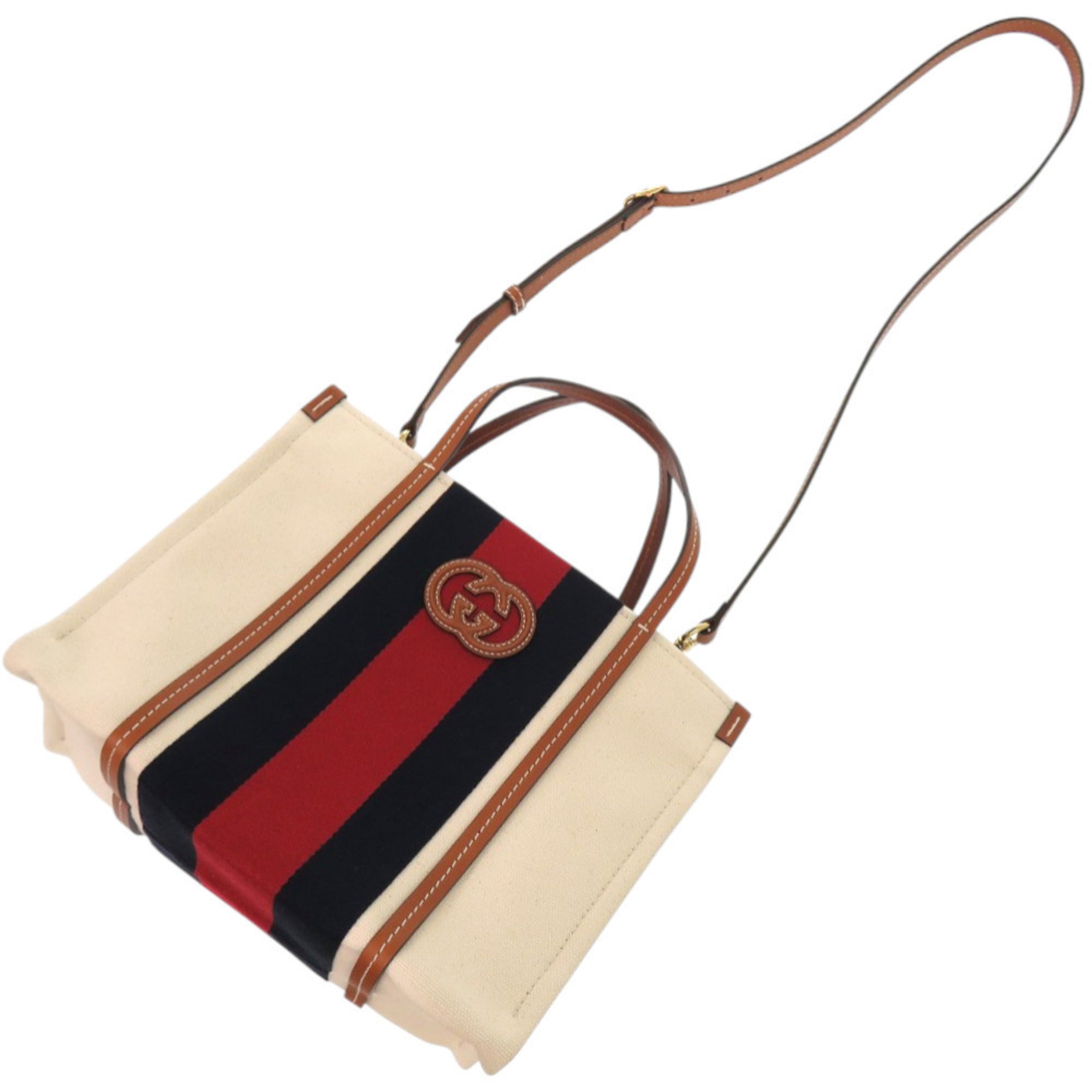 GCCI Like new Gucci 2-way Sherry Line Interlocking G Patch Canvas White Tote Bag 727728 0254 GUCCI