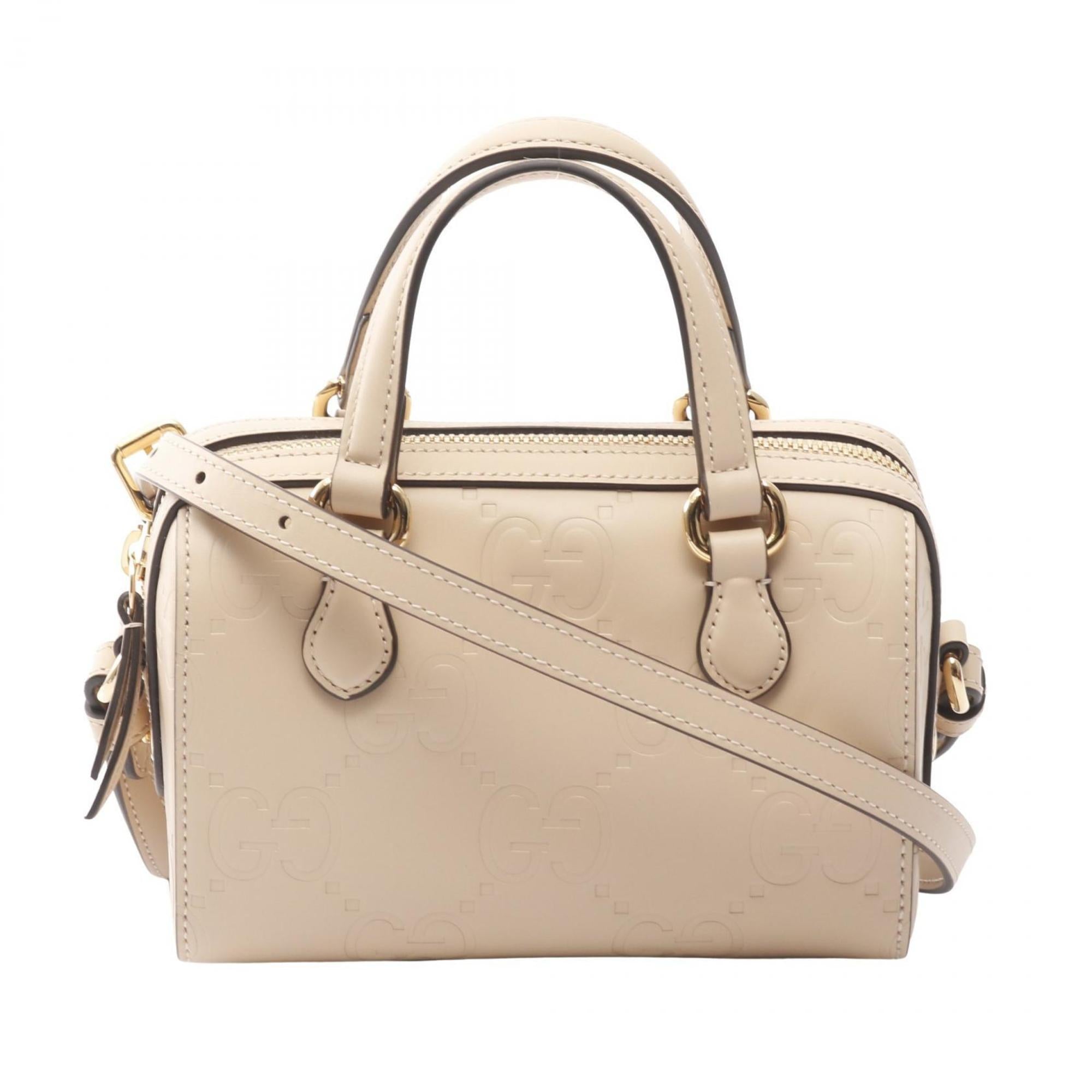 GCCI GG Super Mini Handbag, Leather, Women's, Beige, 790130
