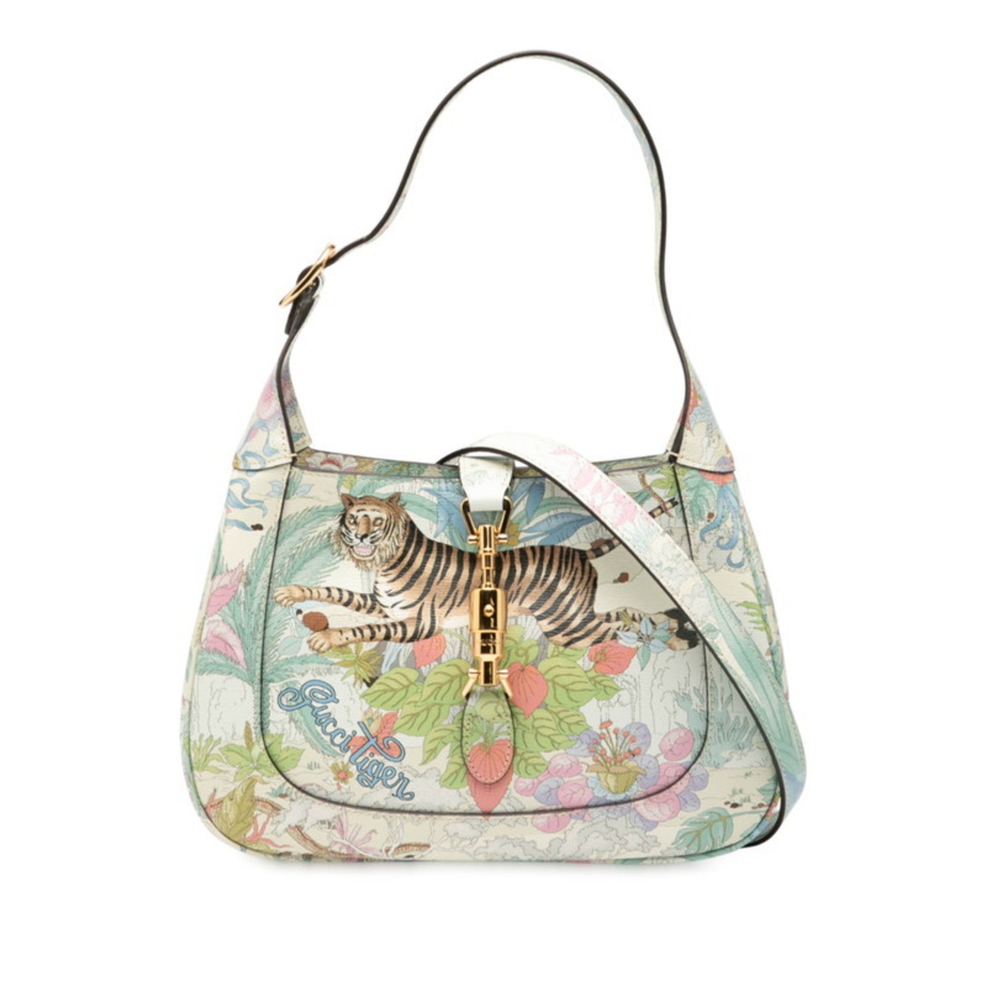 GCCI Jackie 1961 Tiger Motif Handbag/Shoulder Bag 636709 White/Multicolor Leather Women's GUCCI