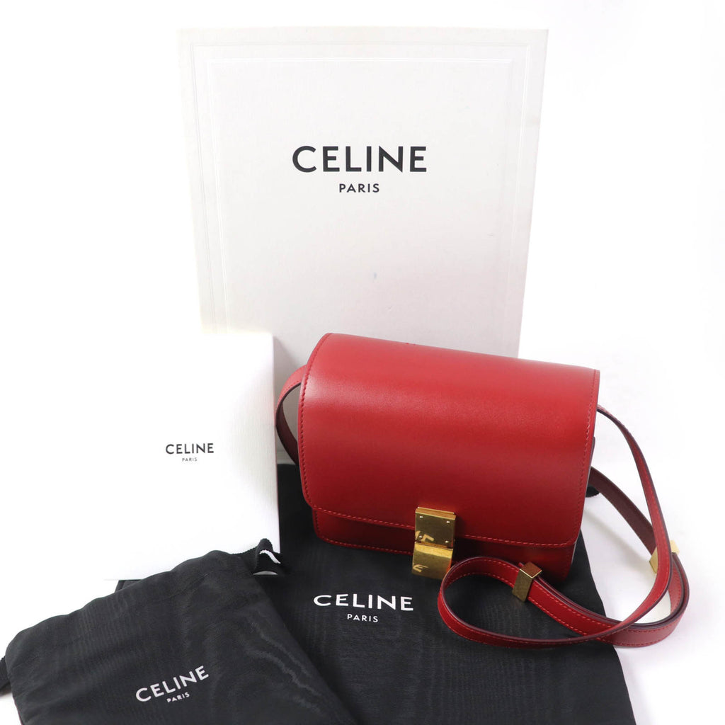 CLNI CLASSIC BOX Small (189183DLS) Classic Box Leather Shoulder Bag in Red with Gold Hardware and Dust Bag, Made Italy