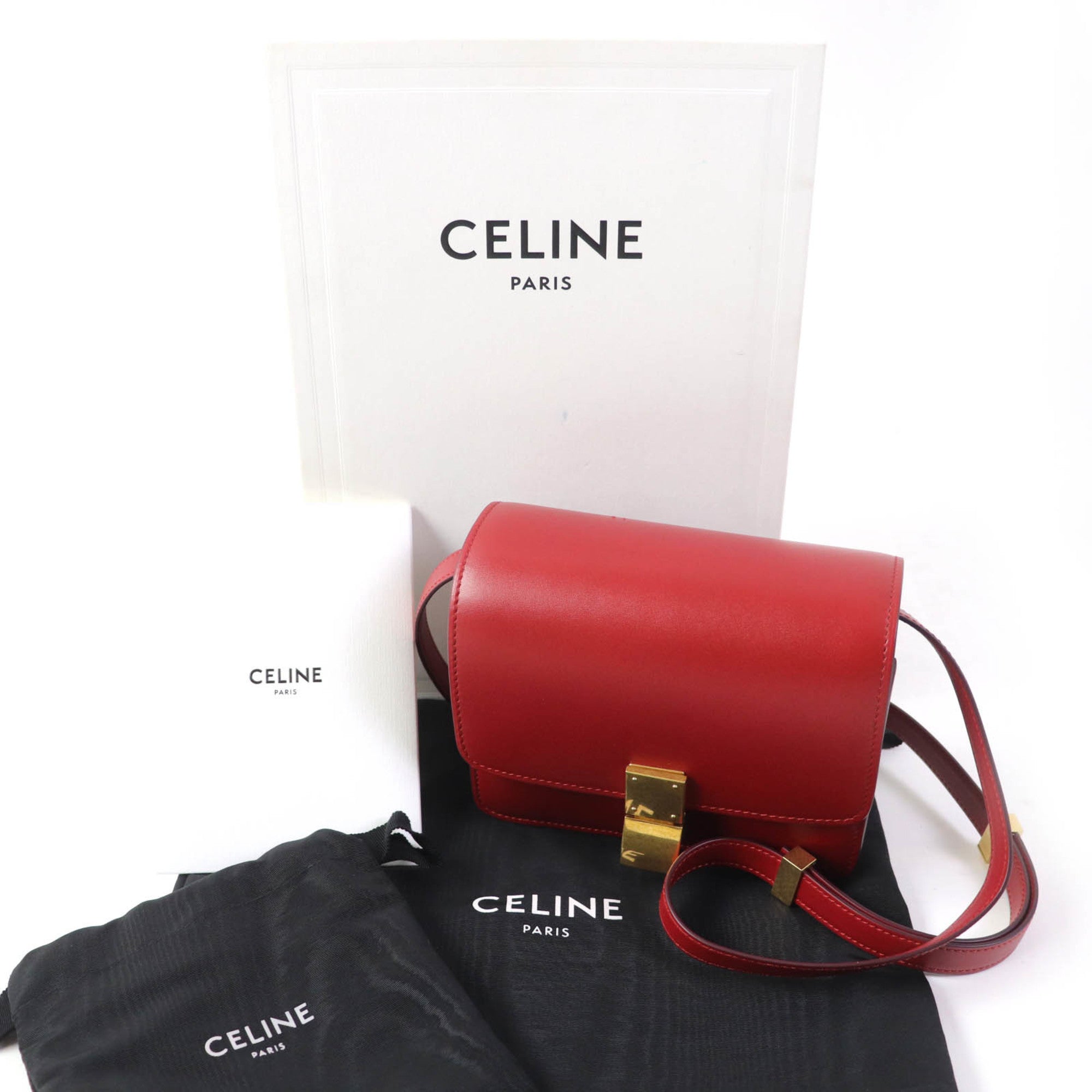 CLNI CLASSIC BOX Small (189183DLS) Classic Box Leather Shoulder Bag in Red with Gold Hardware and Dust Bag, Made Italy