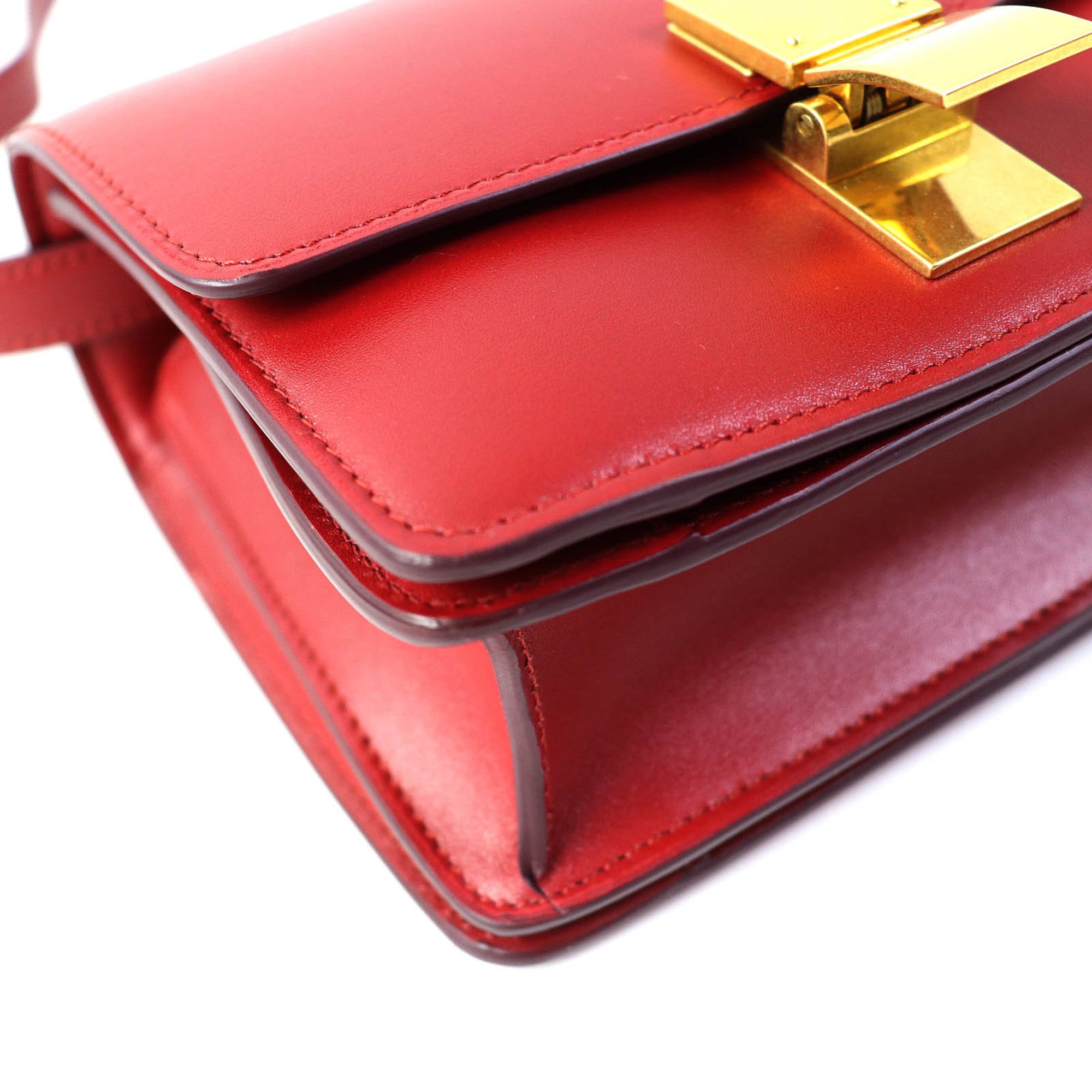 CLNI CLASSIC BOX Small (189183DLS) Classic Box Leather Shoulder Bag in Red with Gold Hardware and Dust Bag, Made Italy