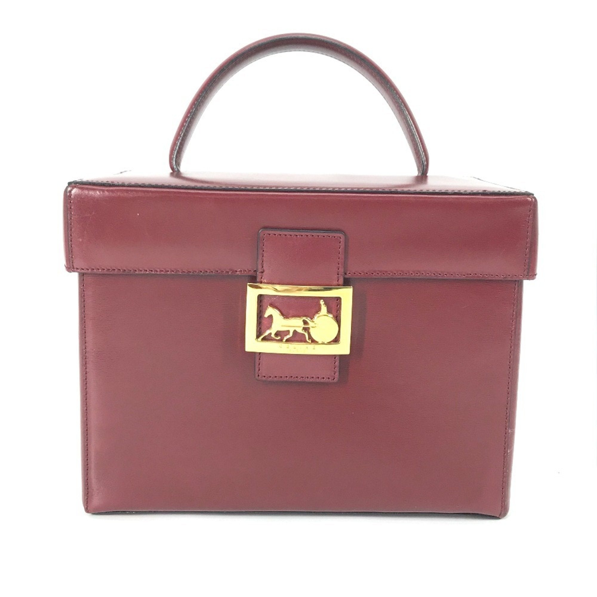 CLNI Vintage Vanity Box with Carriage Hardware and Mirror, Leather Handbag, Women's, Bordeaux
