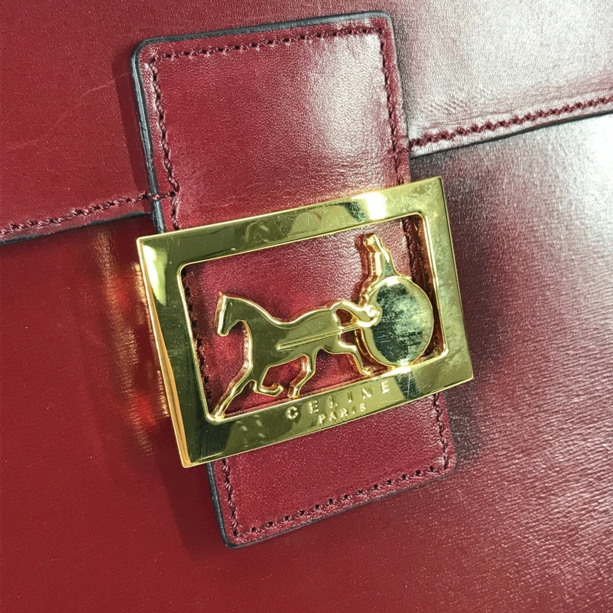 CLNI Vintage Vanity Box with Carriage Hardware and Mirror, Leather Handbag, Women's, Bordeaux