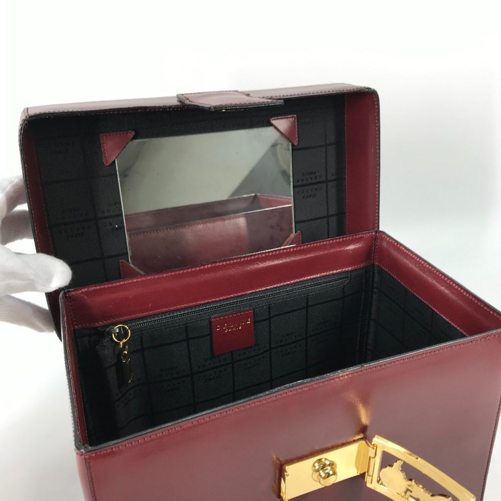 CLNI Vintage Vanity Box with Carriage Hardware and Mirror, Leather Handbag, Women's, Bordeaux