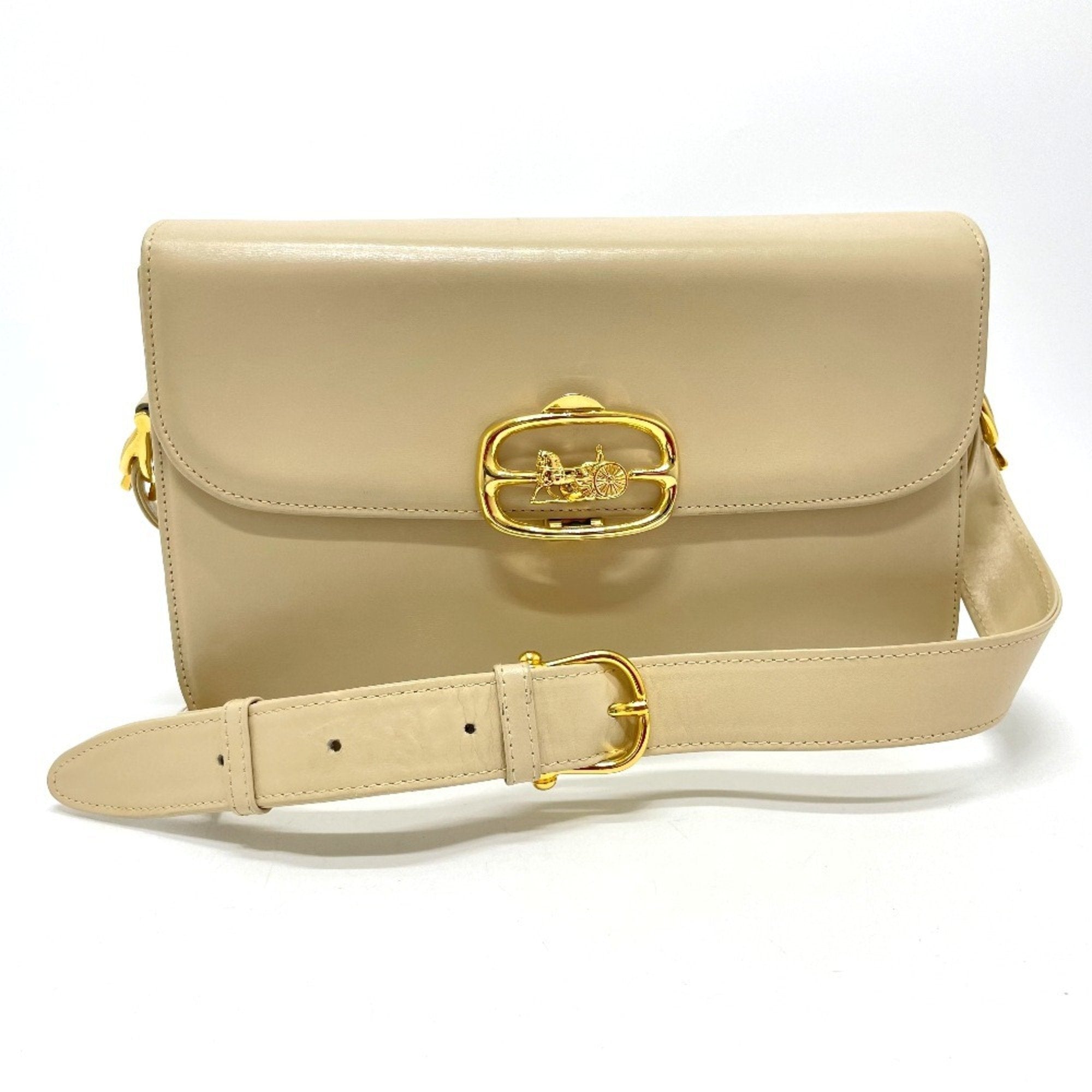 CLNI Vintage Carriage Hardware Shoulder Bag in Beige Leather with Gold