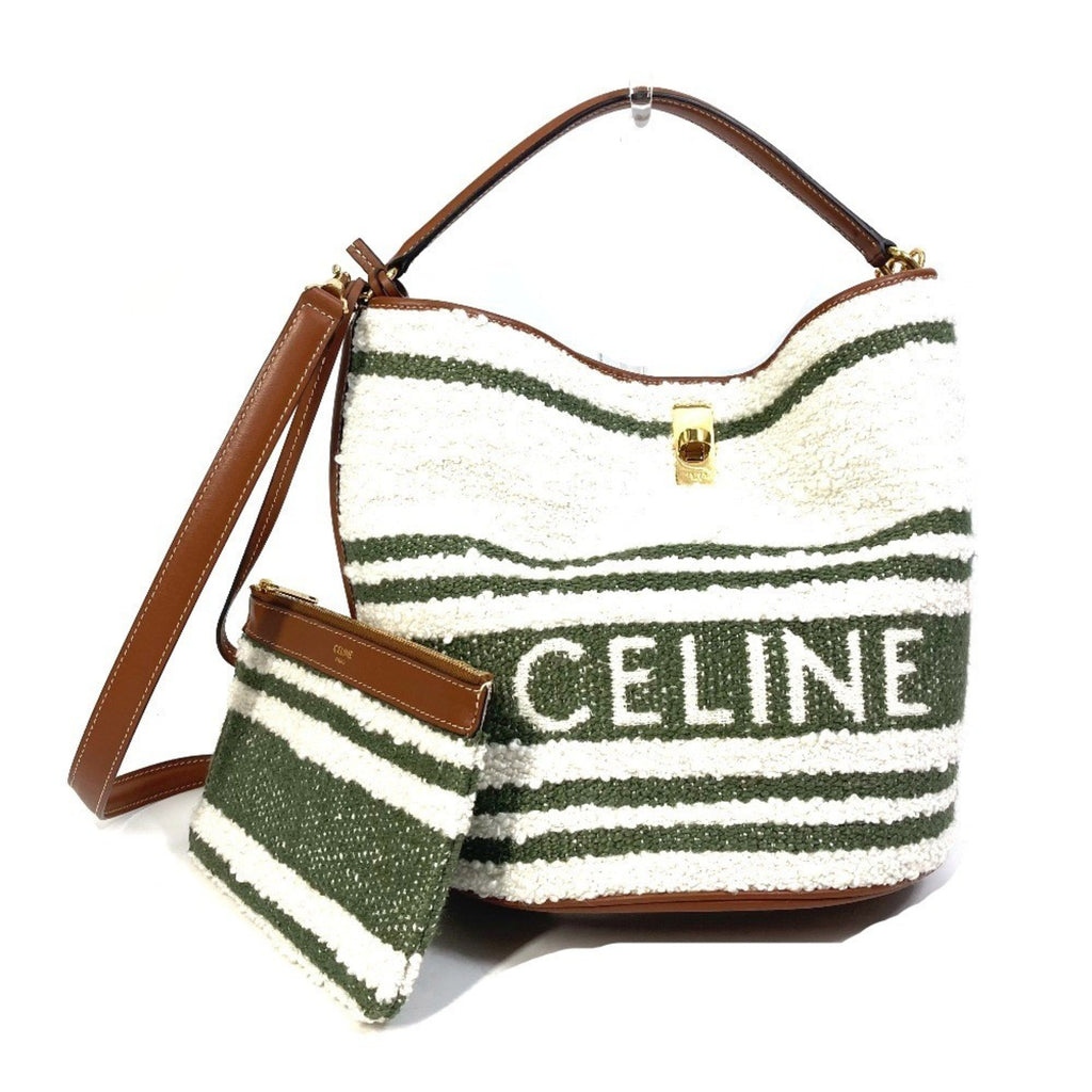 CLNI 195572ED3-15KZ Border Bucket 16 (Cèze) Striped Textile 2-Way Bag Shoulder Handbag Calfskin Women's Khaki and Tan