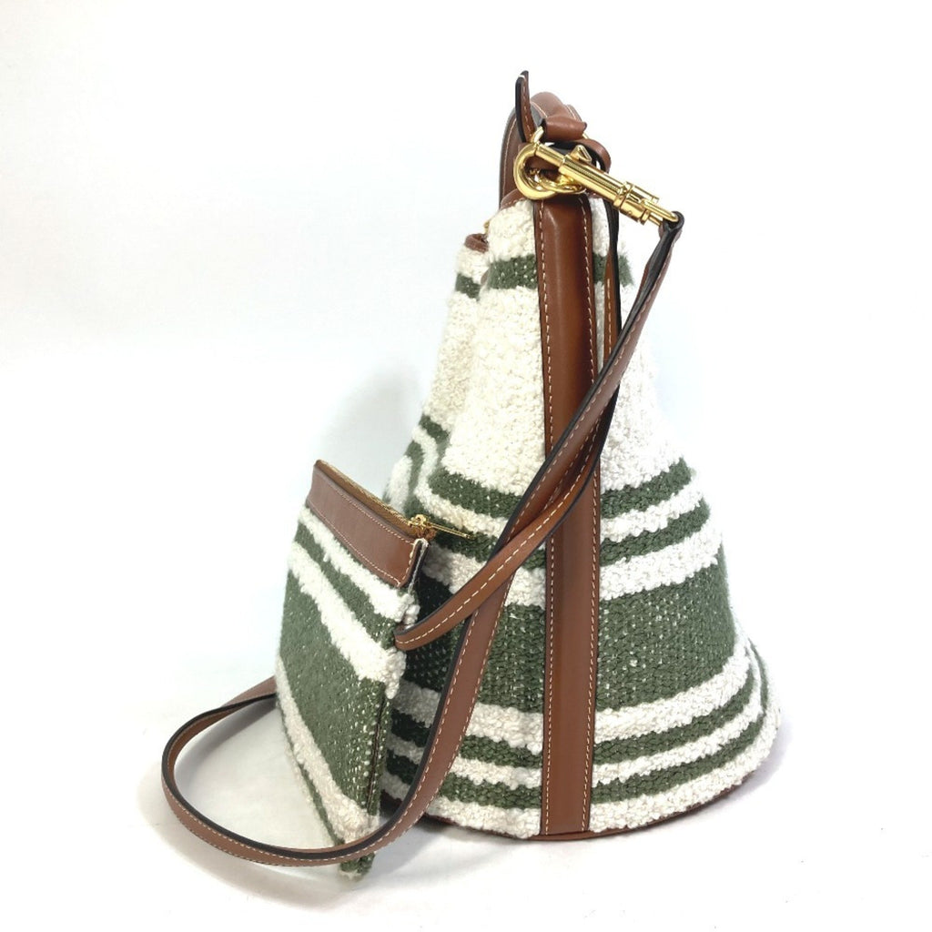 CLNI 195572ED3-15KZ Border Bucket 16 (Cèze) Striped Textile 2-Way Bag Shoulder Handbag Calfskin Women's Khaki and Tan