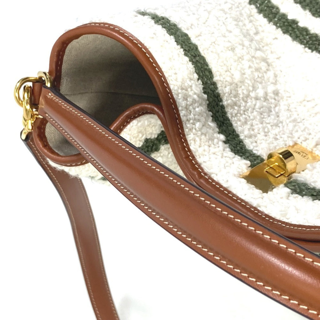 CLNI 195572ED3-15KZ Border Bucket 16 (Cèze) Striped Textile 2-Way Bag Shoulder Handbag Calfskin Women's Khaki and Tan