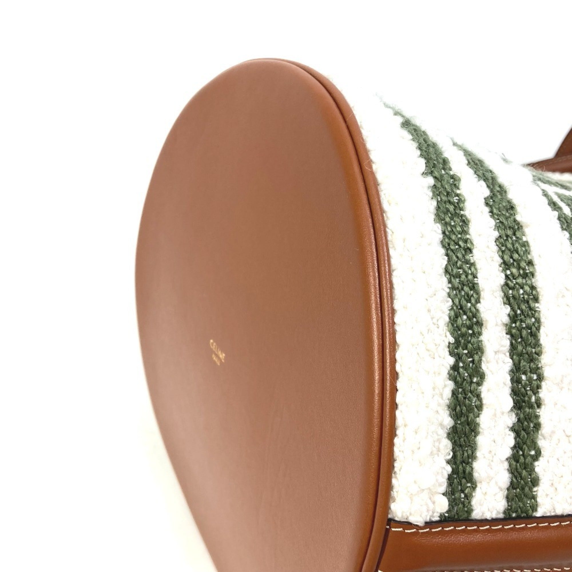 CLNI 195572ED3-15KZ Border Bucket 16 (Cèze) Striped Textile 2-Way Bag Shoulder Handbag Calfskin Women's Khaki and Tan