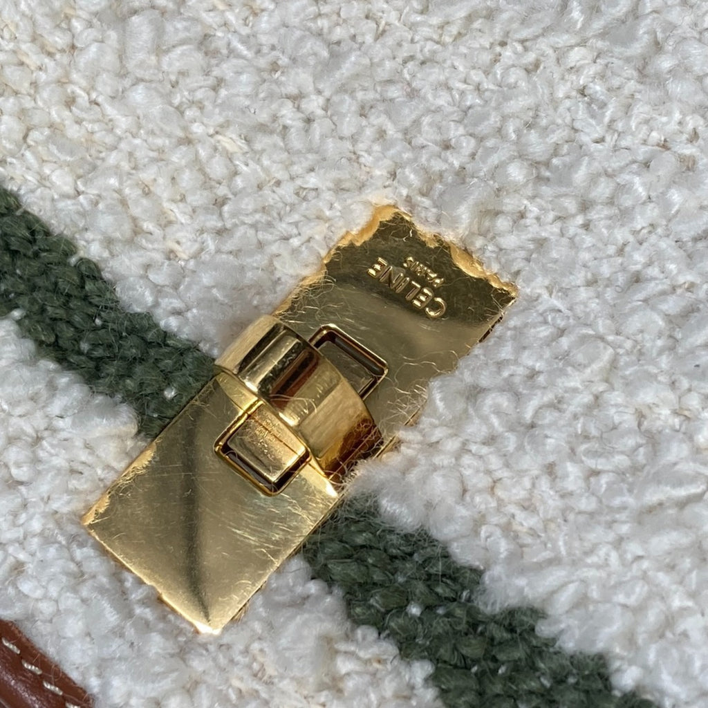 CLNI 195572ED3-15KZ Border Bucket 16 (Cèze) Striped Textile 2-Way Bag Shoulder Handbag Calfskin Women's Khaki and Tan