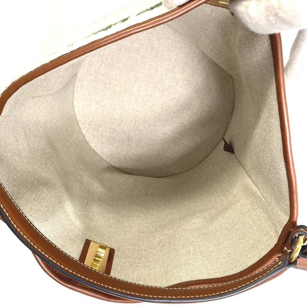 CLNI 195572ED3-15KZ Border Bucket 16 (Cèze) Striped Textile 2-Way Bag Shoulder Handbag Calfskin Women's Khaki and Tan