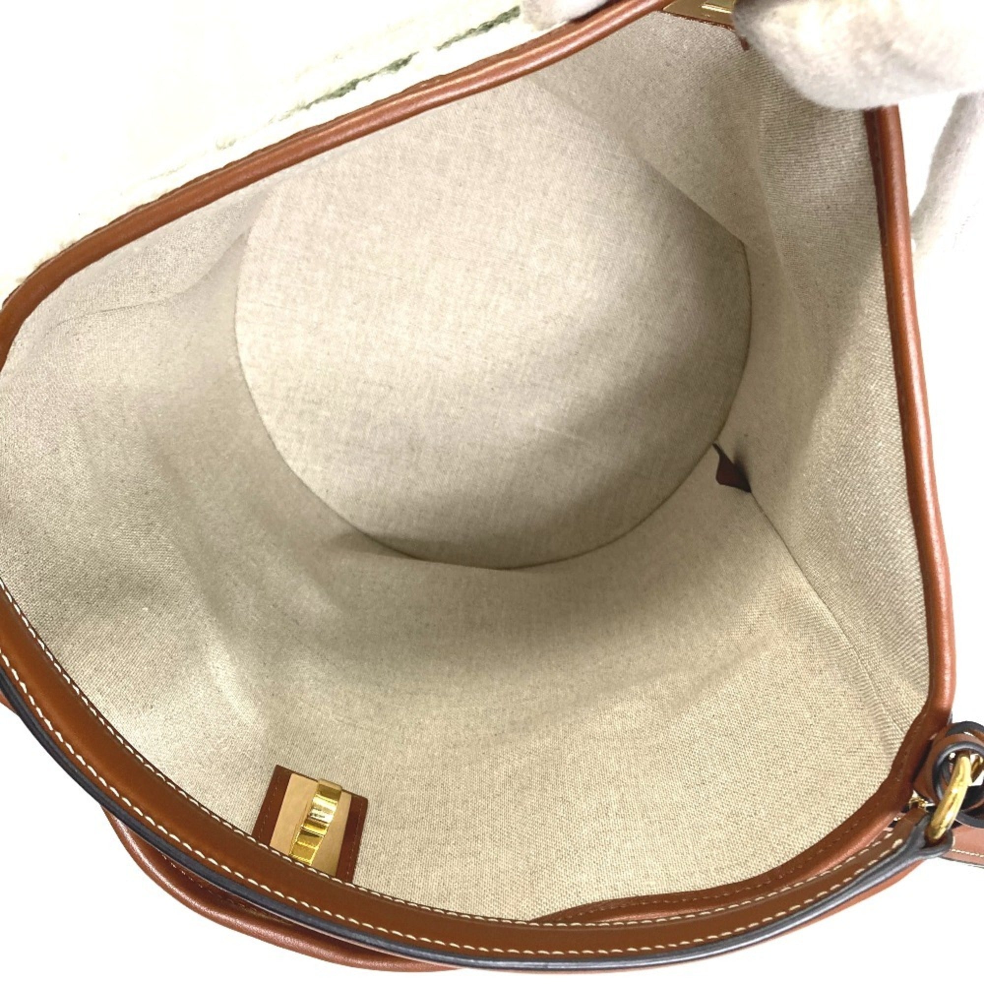 CLNI 195572ED3-15KZ Border Bucket 16 (Cèze) Striped Textile 2-Way Bag Shoulder Handbag Calfskin Women's Khaki and Tan