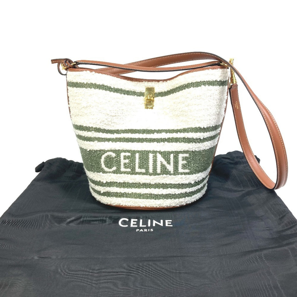 CLNI 195572ED3-15KZ Border Bucket 16 (Cèze) Striped Textile 2-Way Bag Shoulder Handbag Calfskin Women's Khaki and Tan