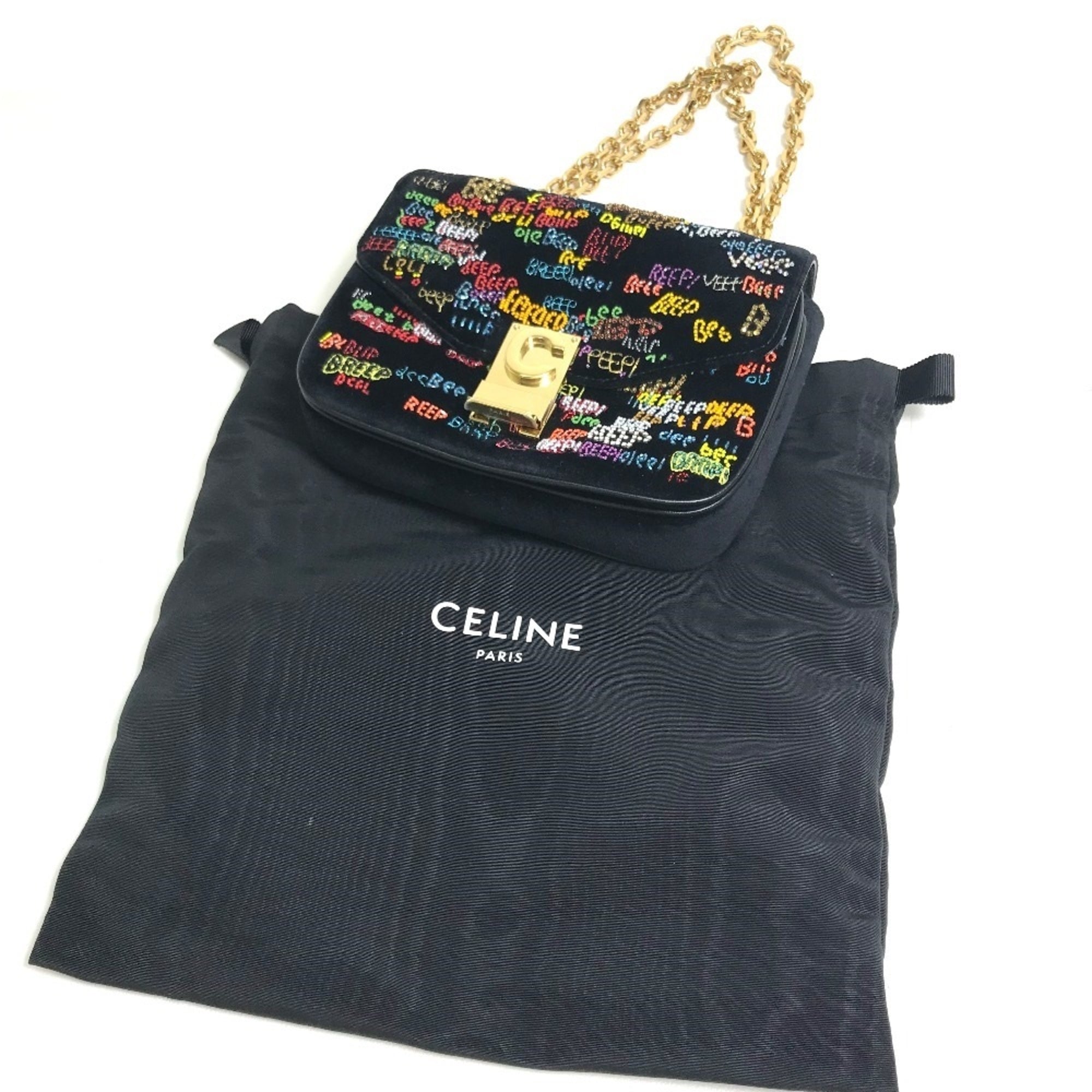CLNI Small C Multi-Bead Chain Shoulder Bag in Suede, Women's, Black and Multicolor