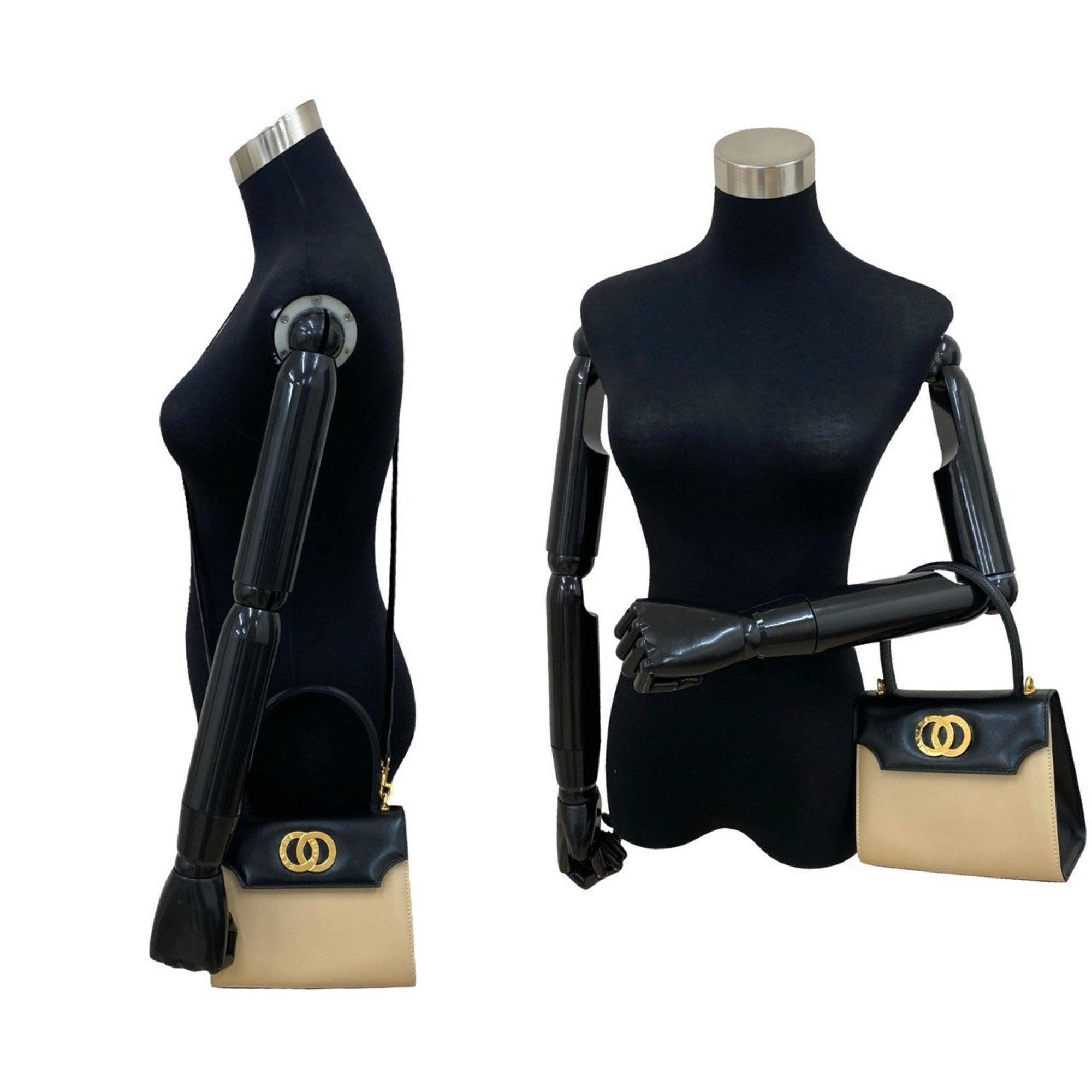 CLNI Circle Logo Hardware Calfskin Leather 2-Way Handbag/Shoulder Bag Black/Beige 32523