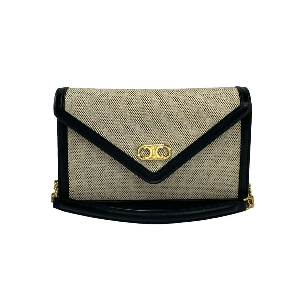 CLNI Triomphe Chain Shoulder Bag in Canvas and Leather, Mini Pochette, Black Ivory, 37007