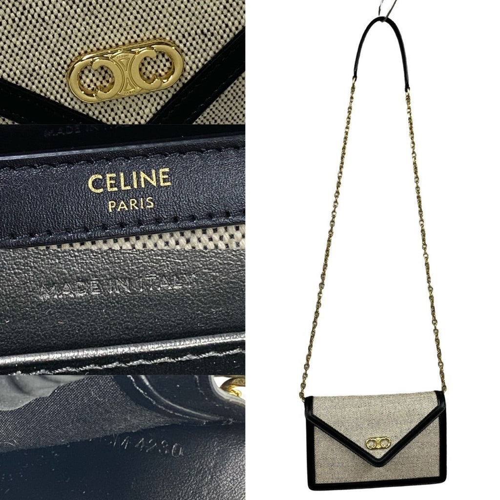 CLNI Triomphe Chain Shoulder Bag in Canvas and Leather, Mini Pochette, Black Ivory, 37007