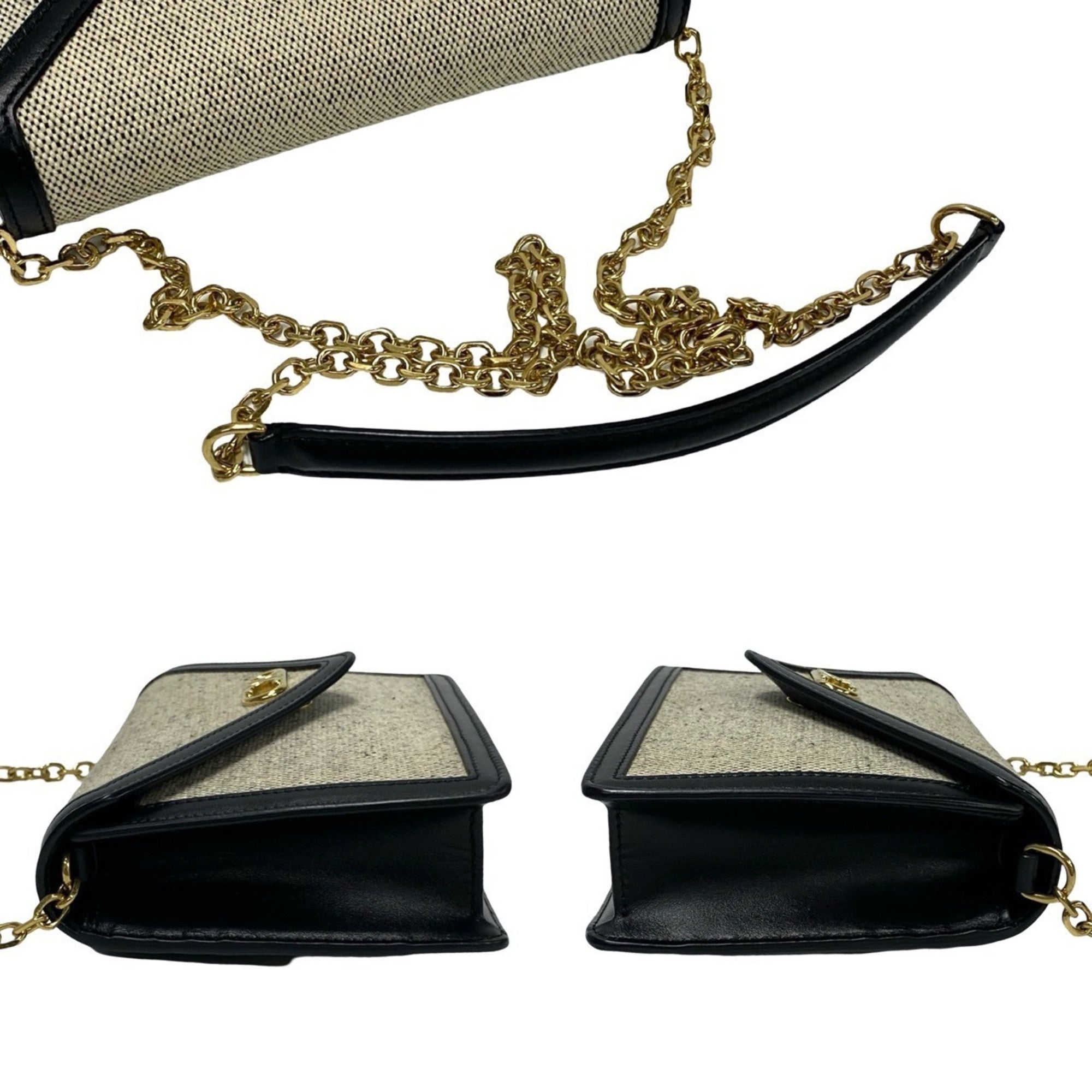 CLNI Triomphe Chain Shoulder Bag in Canvas and Leather, Mini Pochette, Black Ivory, 37007
