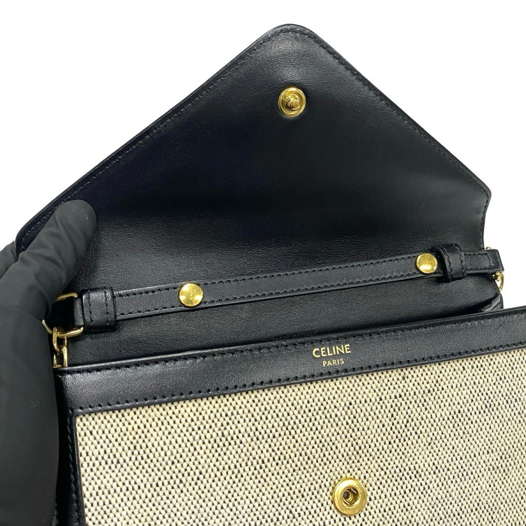 CLNI Triomphe Chain Shoulder Bag in Canvas and Leather, Mini Pochette, Black Ivory, 37007