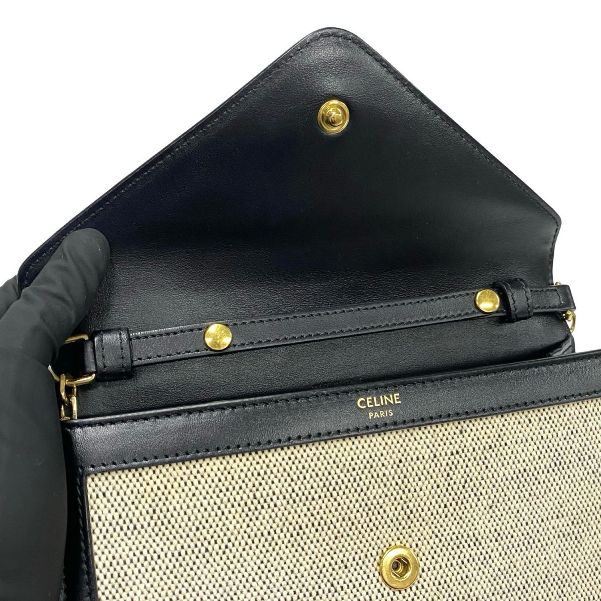 CLNI Triomphe Chain Shoulder Bag in Canvas and Leather, Mini Pochette, Black Ivory, 37007