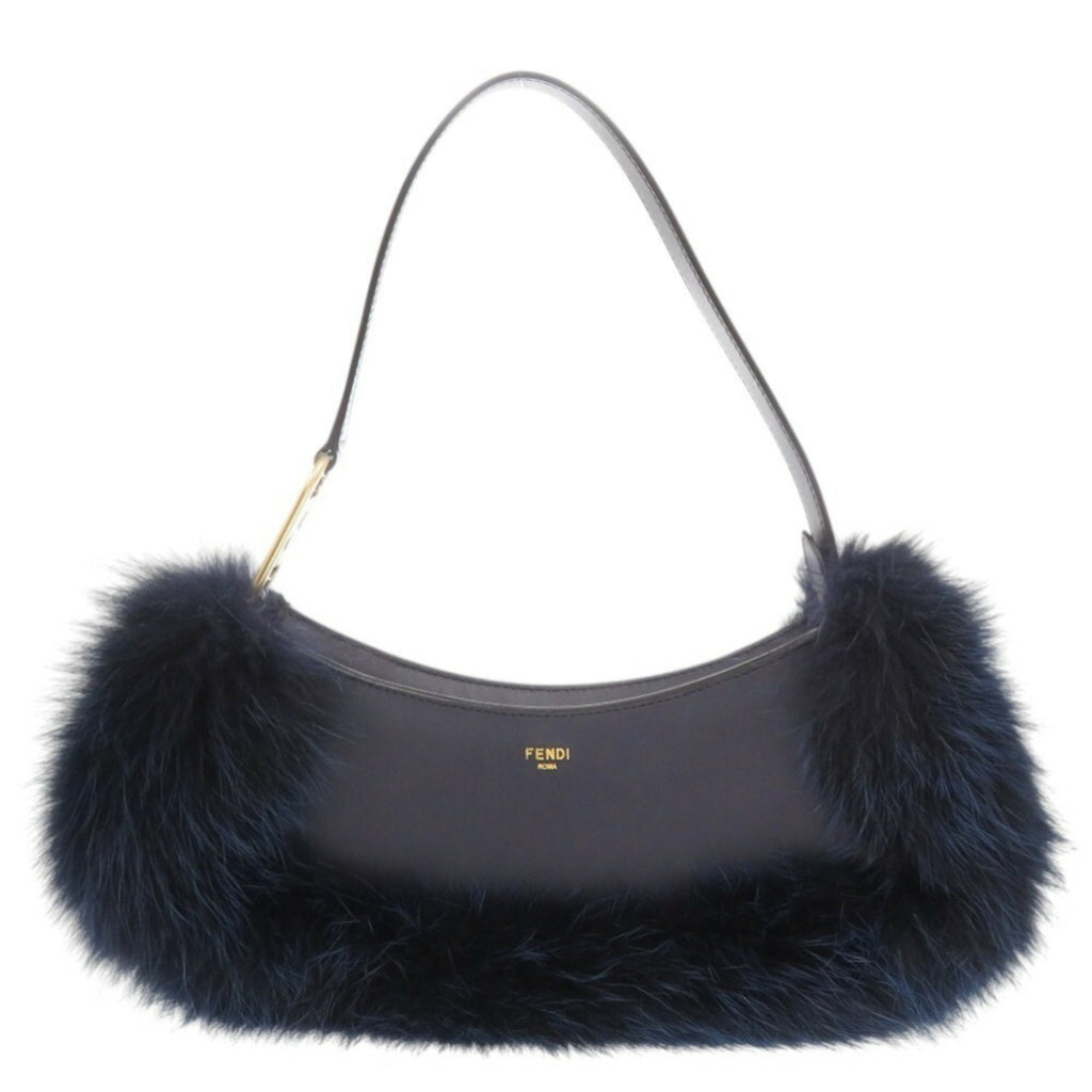 FDI Like new Fendi Orlock Swing 8BS068 Leather and Fox Fur Navy Shoulder Bag/Handbag 0269FENDI