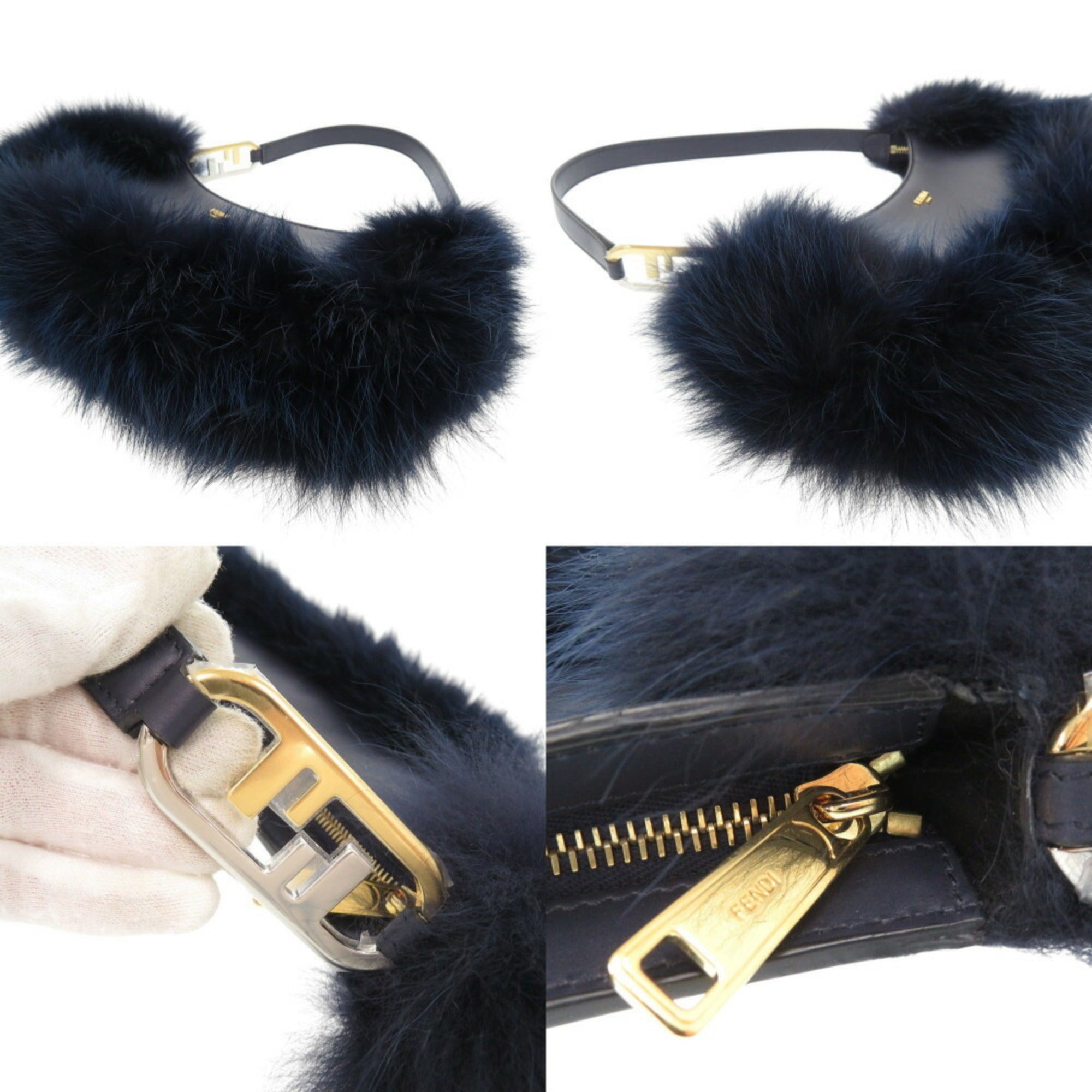 FDI Like new Fendi Orlock Swing 8BS068 Leather and Fox Fur Navy Shoulder Bag/Handbag 0269FENDI