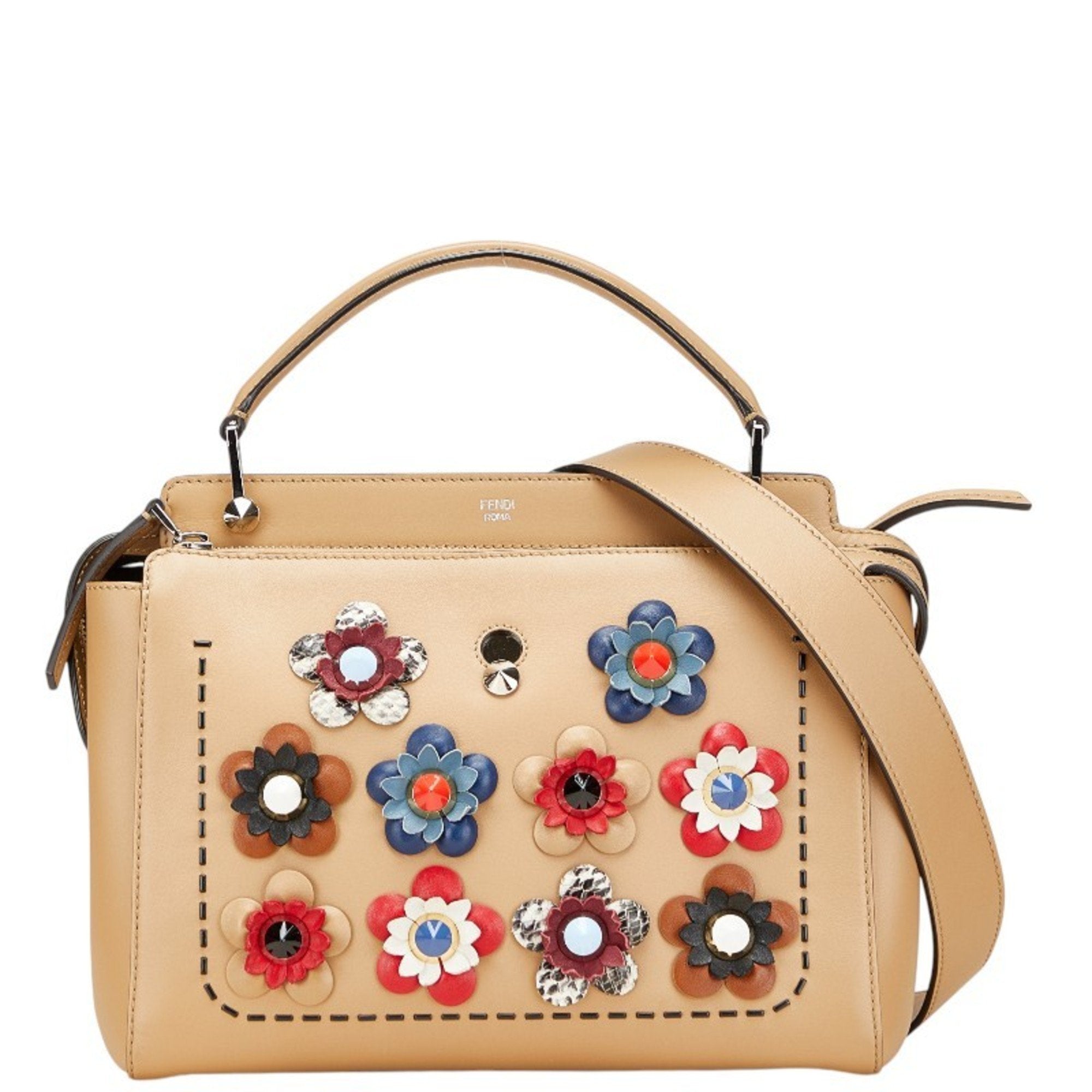 FDI Flower Stud Handbag/Shoulder Bag 2WAY 8BN298 Beige Multicolor Leather Women's FENDI