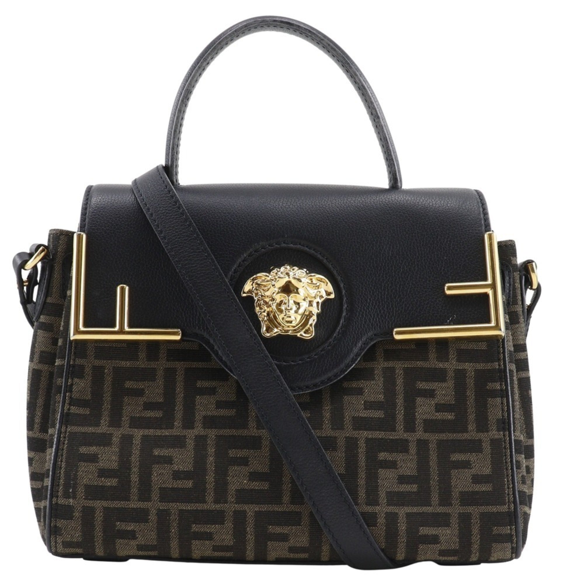 FDI La Medusa Zucca handbag and Versace Fendace shoulder bag in nylon canvas leather, black/brown, 2-way, A5 size, for women.