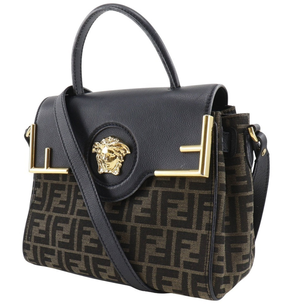 FDI La Medusa Zucca handbag and Versace Fendace shoulder bag in nylon canvas leather, black/brown, 2-way, A5 size, for women.