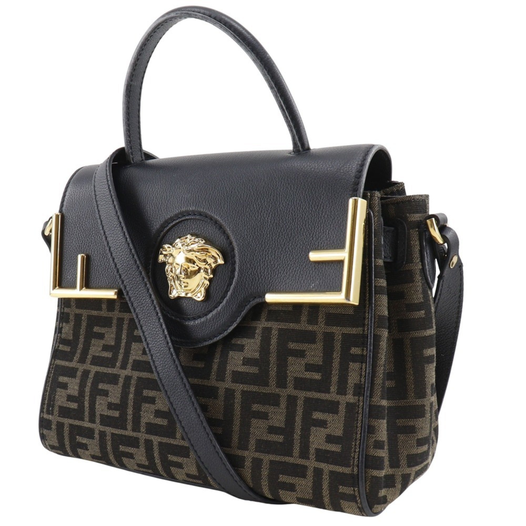 FDI La Medusa Zucca handbag and Versace Fendace shoulder bag in nylon canvas leather, black/brown, 2-way, A5 size, for women.