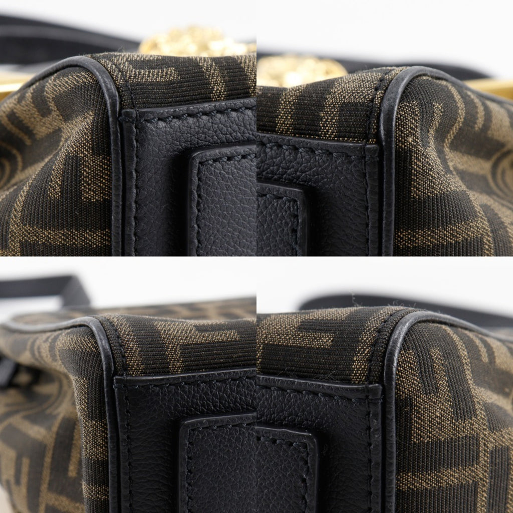 FDI La Medusa Zucca handbag and Versace Fendace shoulder bag in nylon canvas leather, black/brown, 2-way, A5 size, for women.